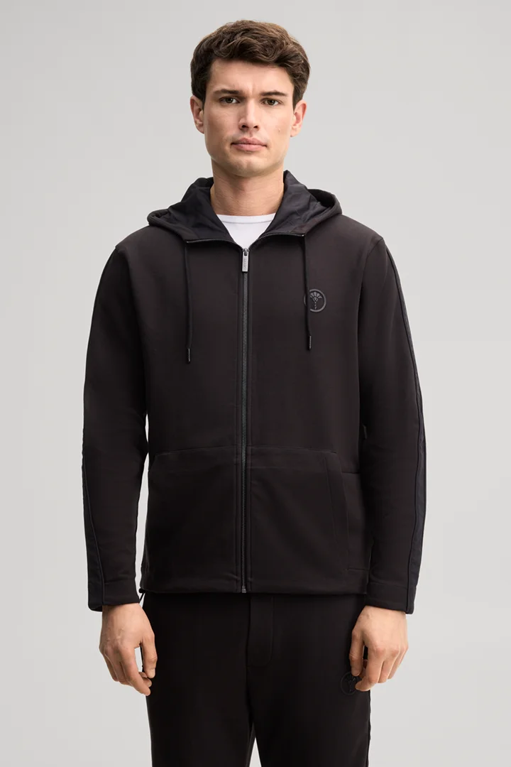 Leads to product detail page "Black sweatshirt jacket"