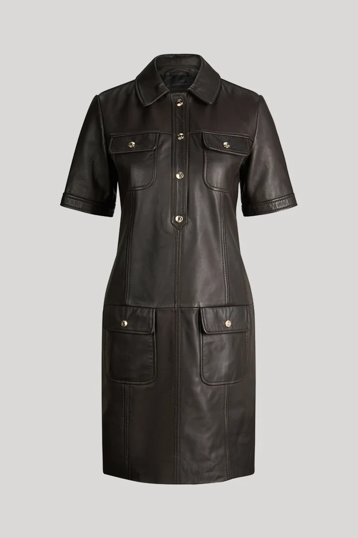 Leads to product detail page "Dark brown leather dress"