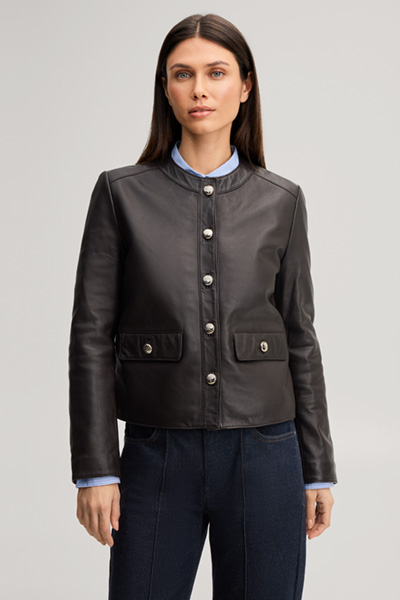 Leads to product detail page "Dark brown leather jacket"