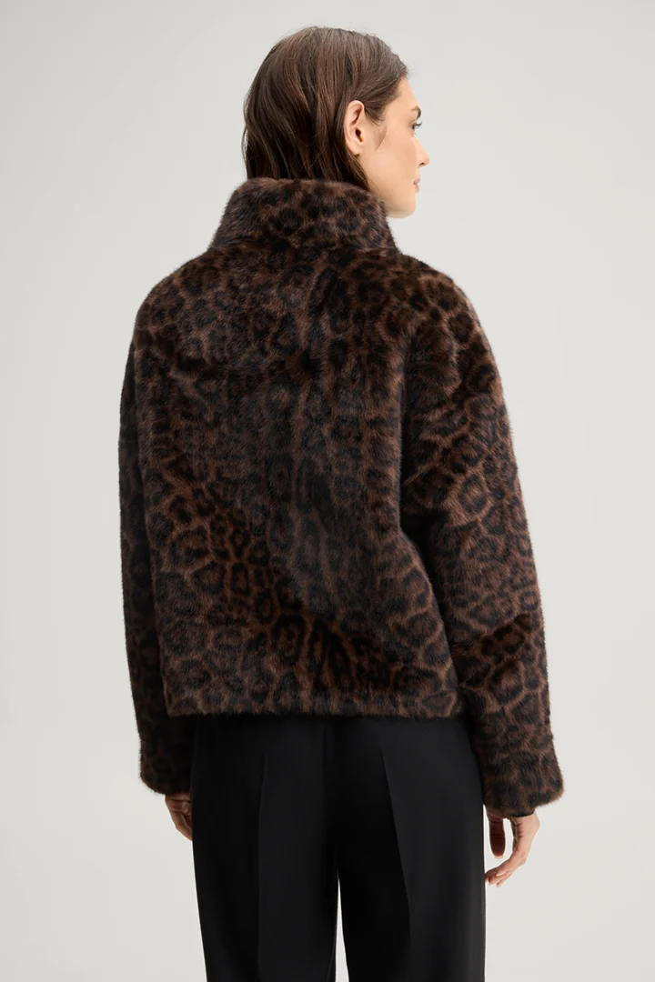 Leads to product detail page "Faux fur leopard-print jacket in dark brown and black pattern"
