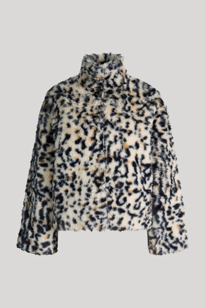 Führt zu Produktdetailseite „Kunstfell-Jacke mit Stehkragen in Beige-Schwarz gemustert"