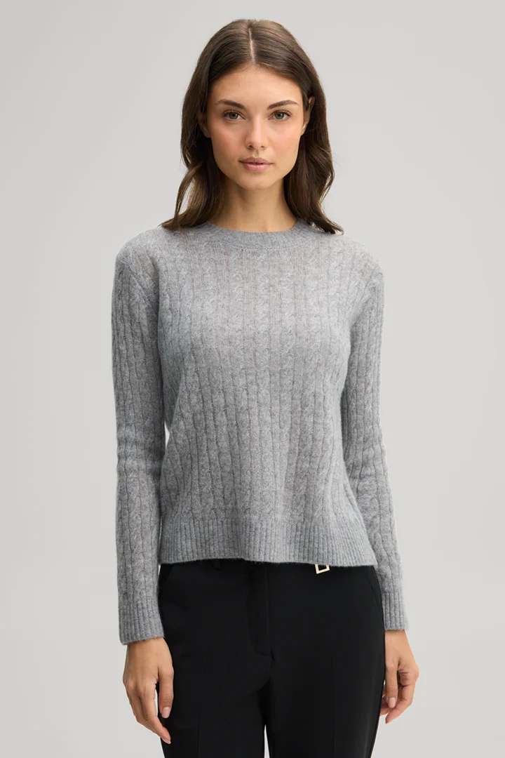Leads to product detail page "Cashmere jumper with cable knit pattern in marl grey"