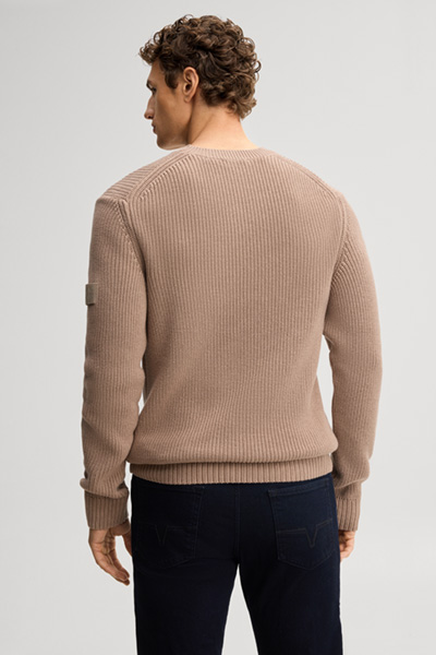 Leads to product detail page "Brown structured cotton crew-neck jumper"