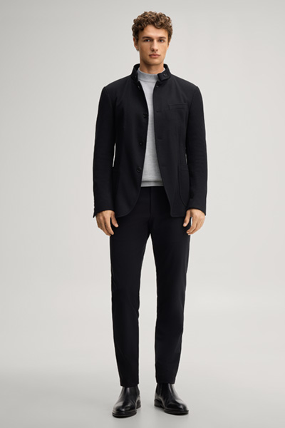 Leads to product detail page "Black suit jacket with a stand-up collar"