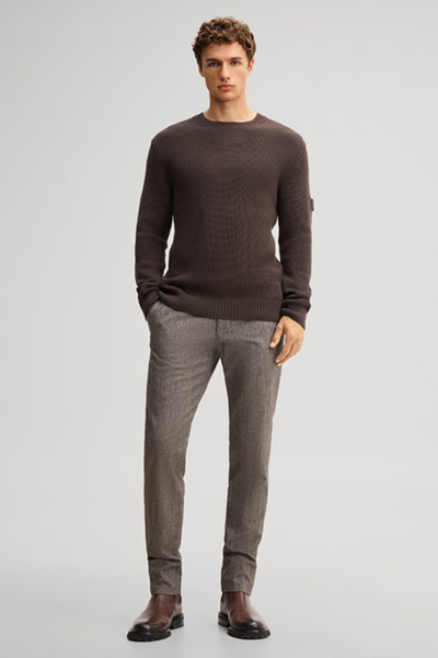Leads to product detail page "Structured dark brown cotton crew-neck jumper"