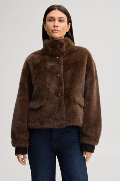 Leads to product detail page "Faux fur jacket with a stand-up collar in dark brown"