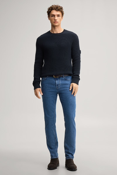 Leads to product detail page "Dark blue structured cotton crew-neck jumper"