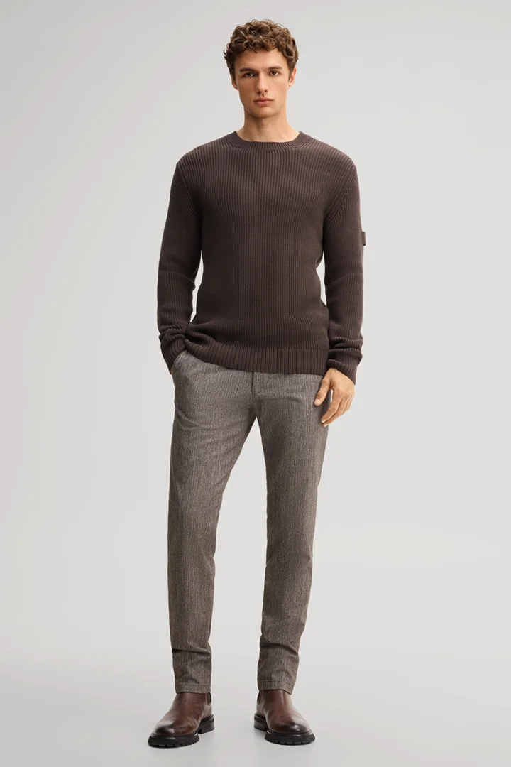 Leads to product detail page "Structured dark brown cotton crew-neck jumper"