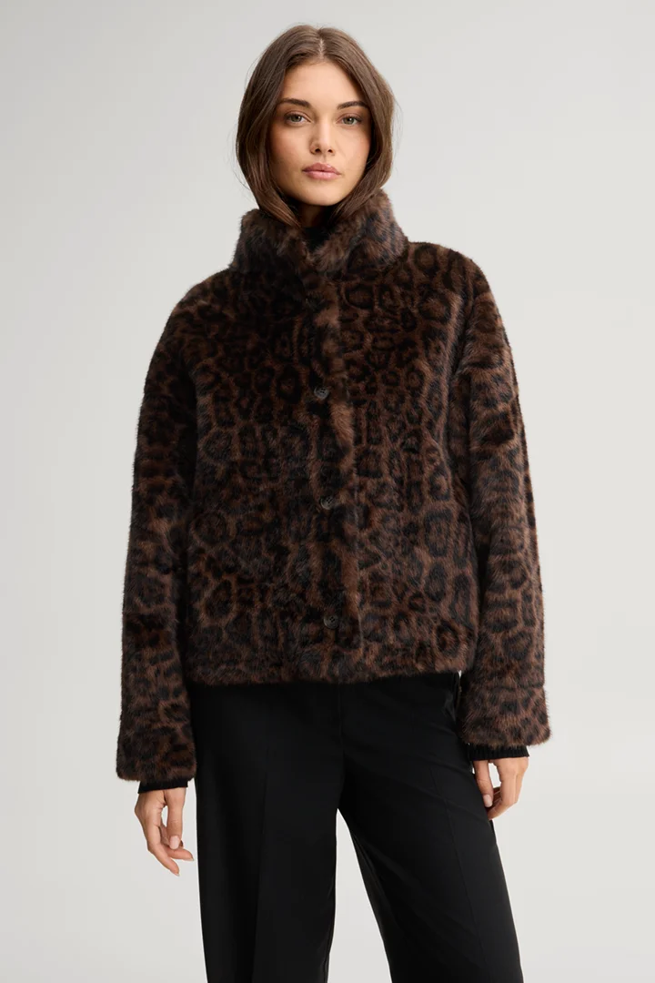 Leads to product detail page "Faux fur leopard-print jacket in dark brown and black pattern"