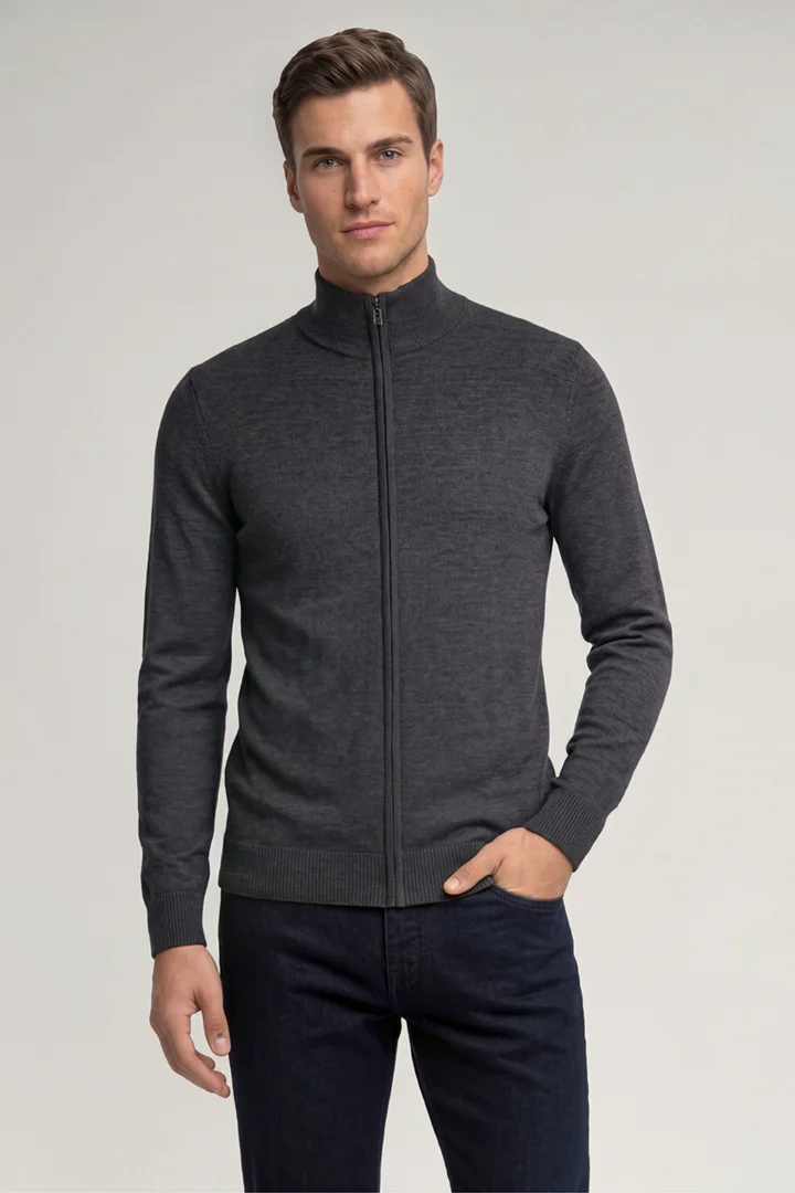 Leads to product detail page "Davis Merino Wool Knitted Jacket in Charcoal"