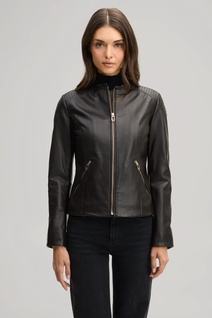 Leads to product detail page "Dark brown leather jacket"