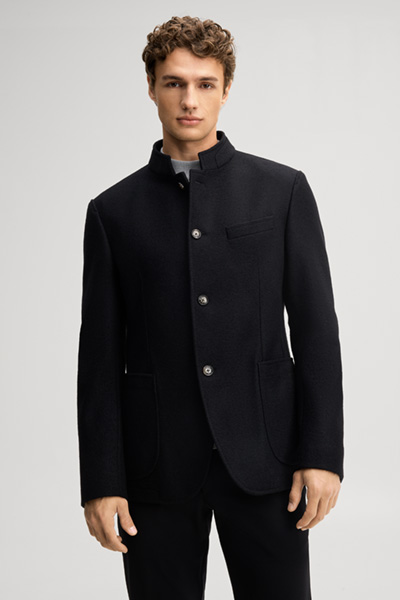 Leads to product detail page "Black suit jacket with a stand-up collar"