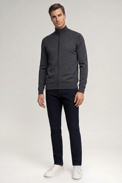Leads to product detail page "Davis Merino Wool Knitted Jacket in Charcoal"