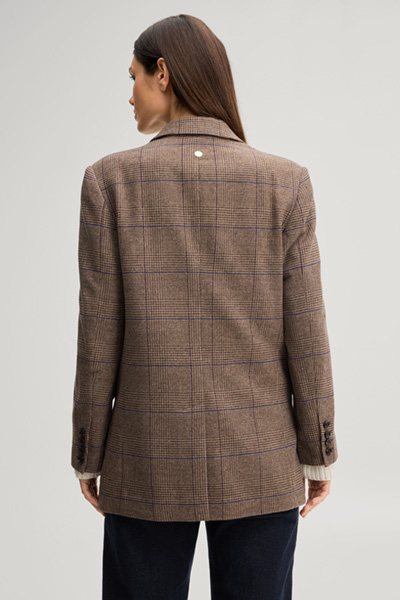 Leads to product detail page "Wool-blend boyfriend blazer in brown and purple checked pattern"