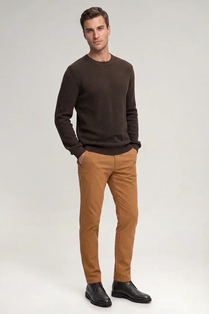 Leads to product detail page "Cognac-coloured chinos"