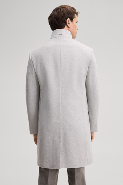 Leads to product detail page "Light grey wool-blend coat with a stand-up collar"