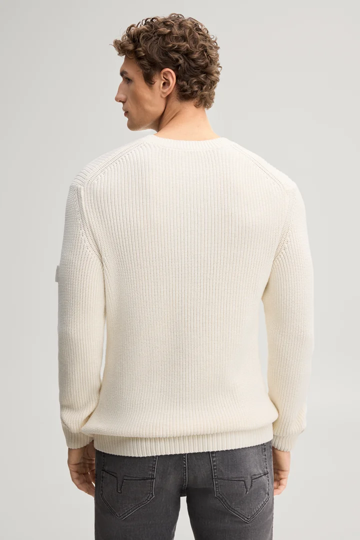 Leads to product detail page "Beige structured cotton crew-neck jumper"