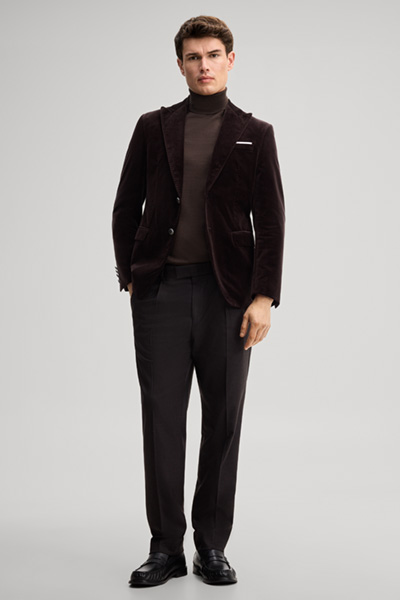 Leads to product detail page "Dark brown velvet tuxedo suit jacket"