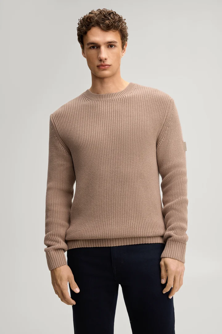 Leads to product detail page "Brown structured cotton crew-neck jumper"