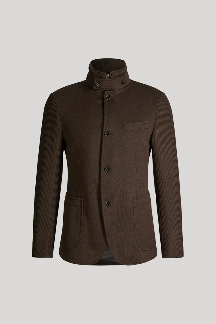 Leads to product detail page "Dark brown suit jacket with a stand-up collar"