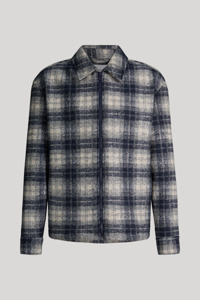 Navy checked shirt jacket in a virgin wool blend