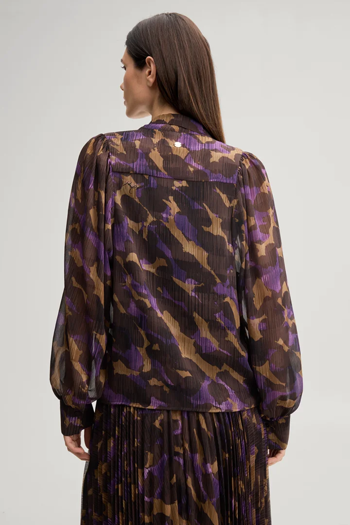 Leads to product detail page "Chiffon bow tie blouse in brown and purple"