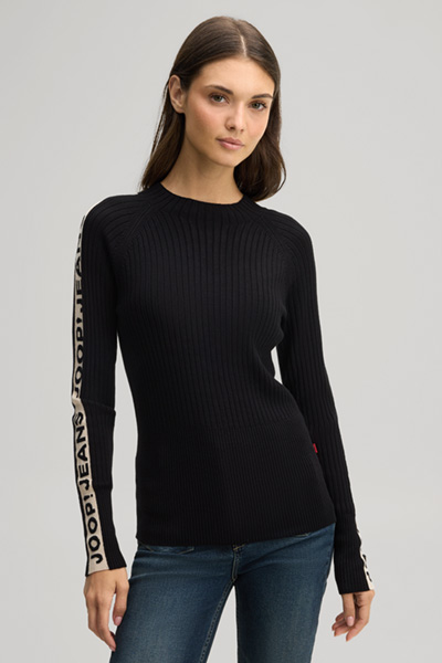 Leads to product detail page "Black patterned viscose jumper with a stand-up collar"