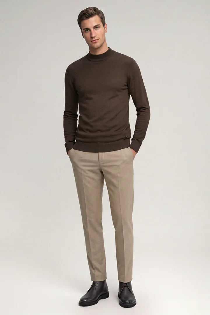 Leads to product detail page "Dark brown virgin wool crew-neck jumper"