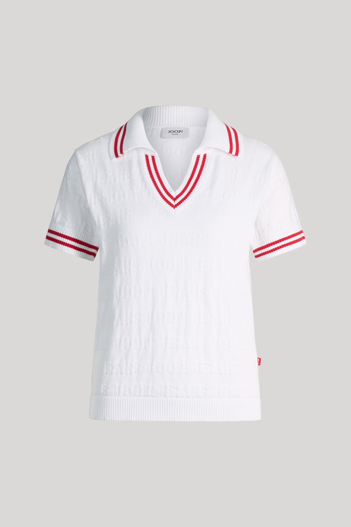 Leads to product detail page "Kalena Knitted Polo Shirt in White/Red"