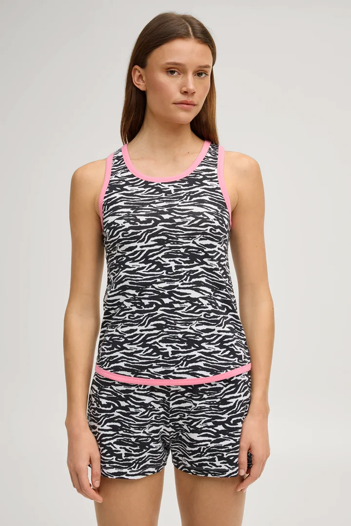 Leads to product detail page "Black and white animal print racerback top"