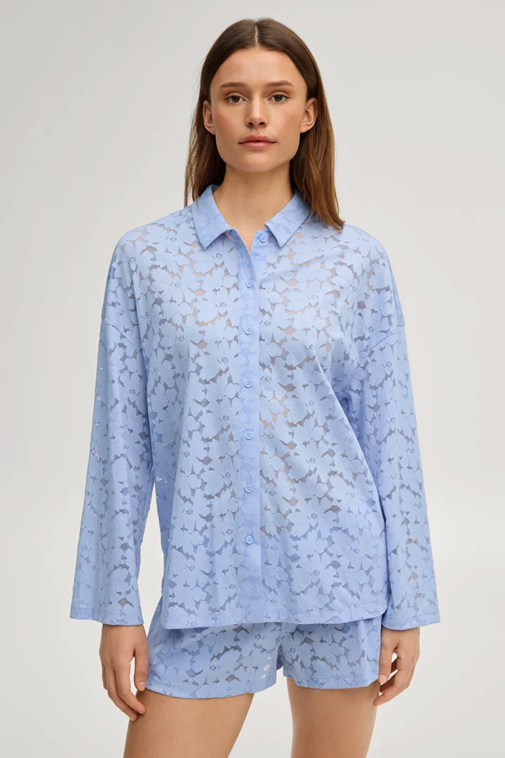 Leads to product detail page "All-over lace loungewear shirt in blue"