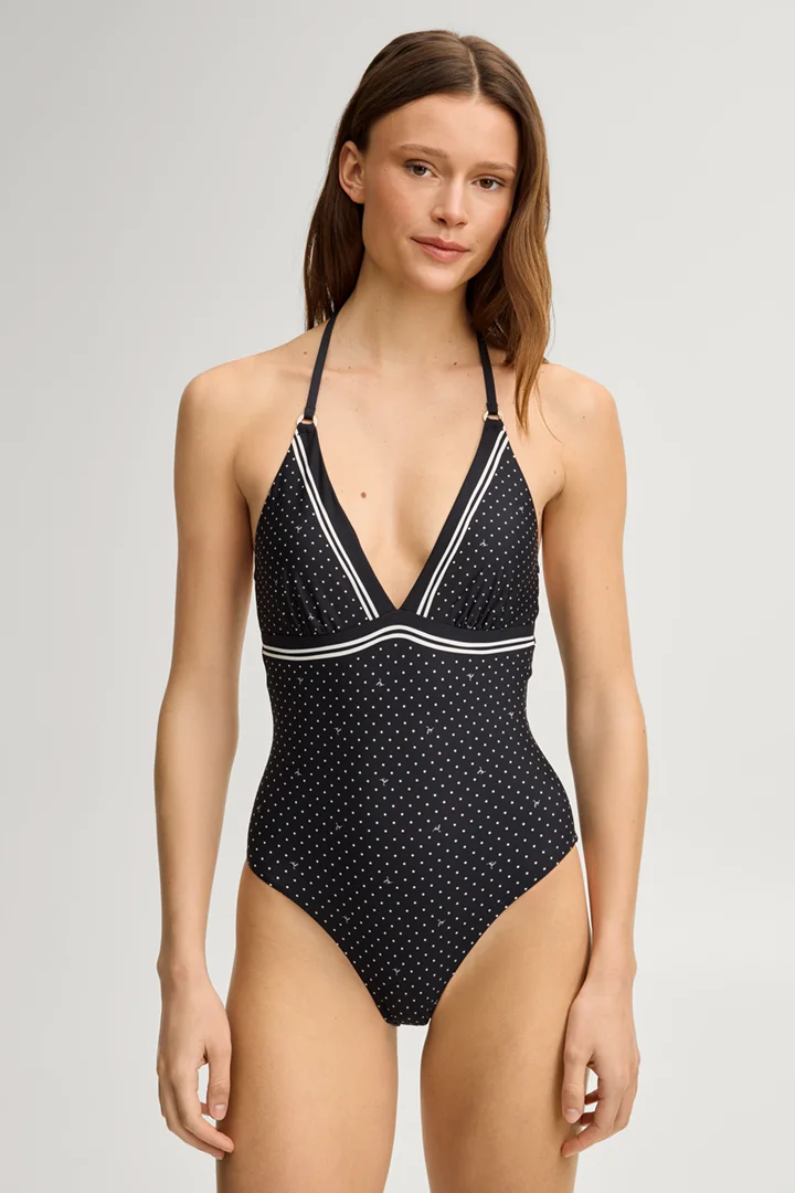 Leads to product detail page "Black halterneck swimsuit"