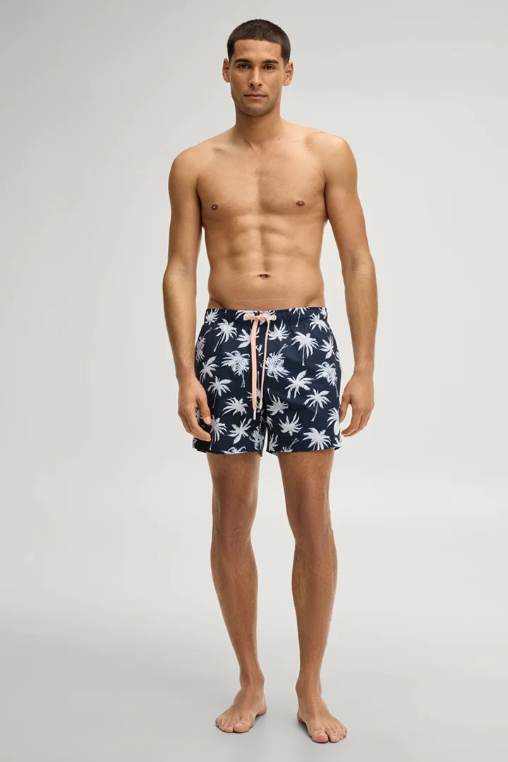 Leads to product detail page "Navy patterned swim shorts"