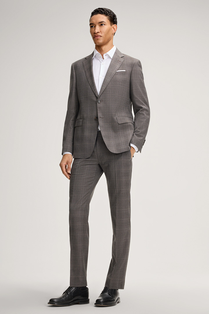 Führt zu Look-Detailseite „Schurwoll-Baukasten-Anzug Herby-Blayr in Taupe gemustert“