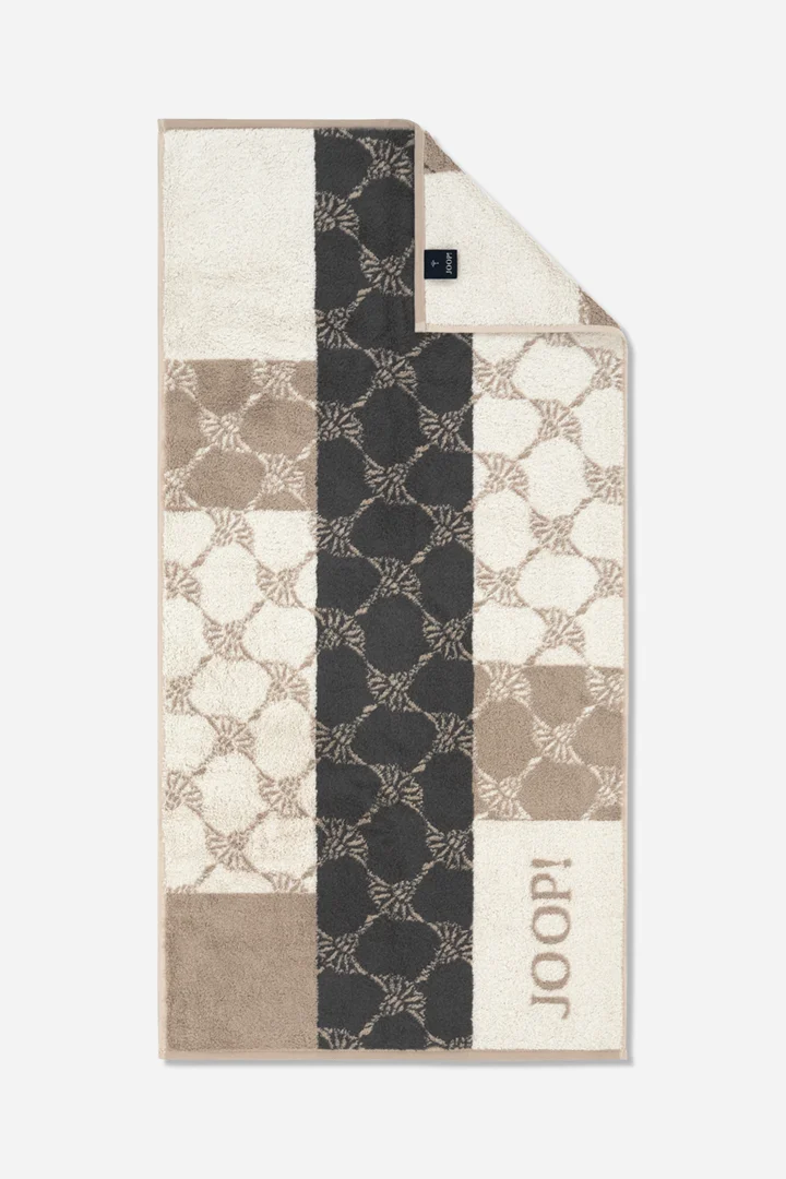 Leads to product detail page "Joop! sauna towel in cream/beige/brown pattern"