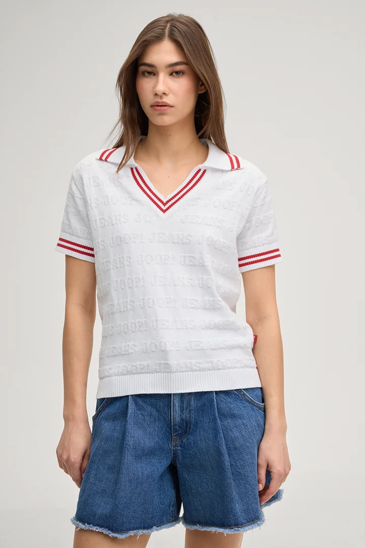 Leads to product detail page "Kalena Knitted Polo Shirt in White/Red"