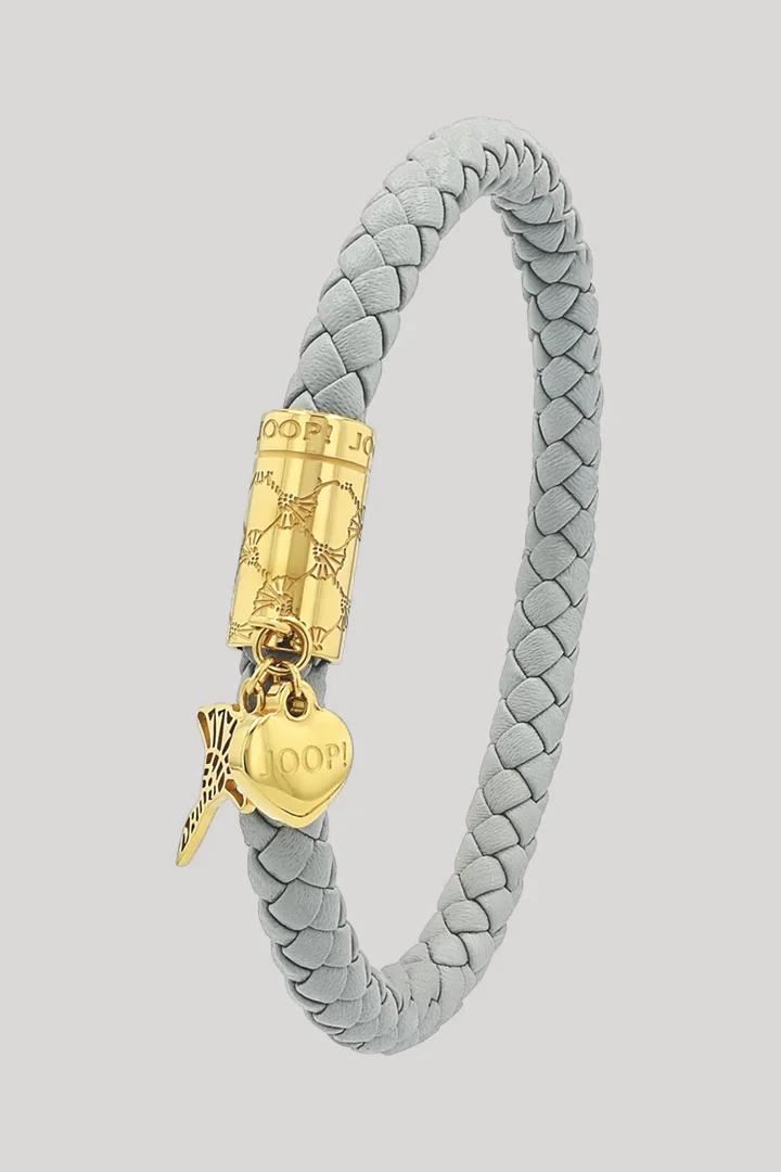 Führt zu Produktdetailseite „Armband aus Leder mit Logo-Herz-Anhänger in Hellgrau/Gold"