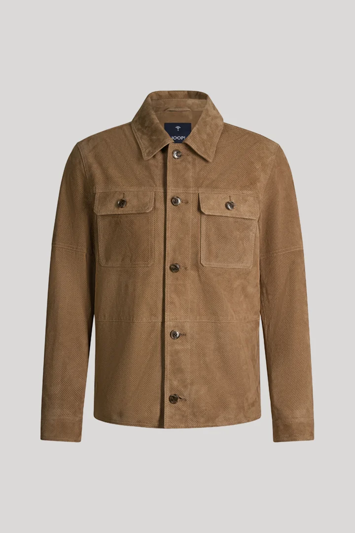 Leads to product detail page "Rill leather shirt jacket in taupe"