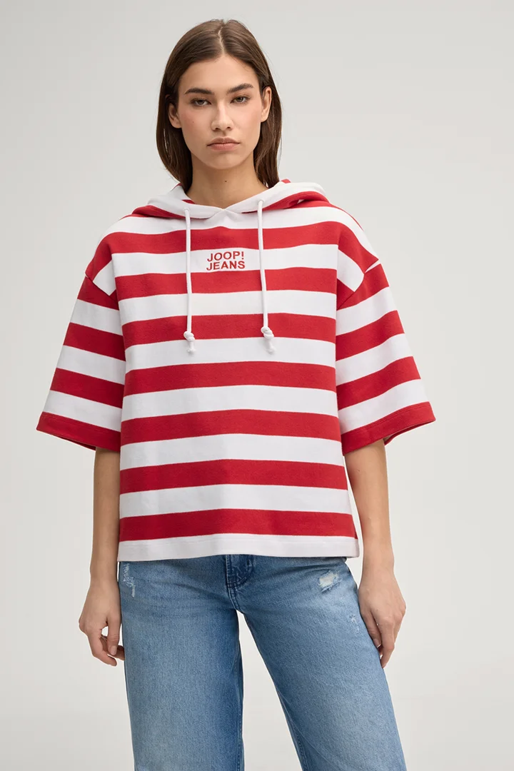 Führt zu Produktdetailseite „Kurzarm-Hoodie Timira in Rot/Weiß gestreift"