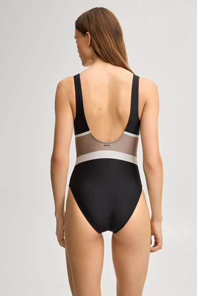 Leads to product detail page "Swimsuit in black/brown"