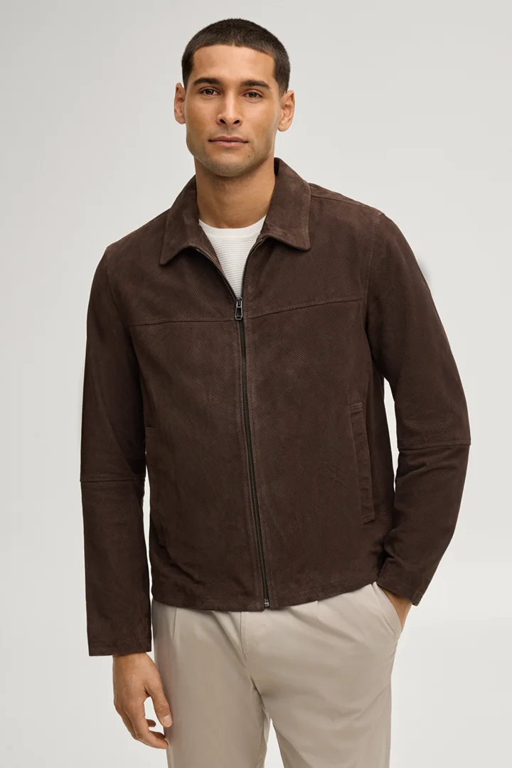Leads to product detail page "Baks leather jacket in dark brown"
