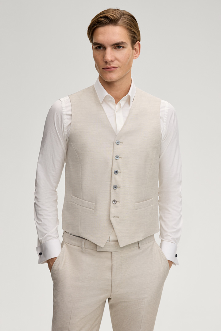 Leads to product detail page "Weazer Suit Waistcoat in Light Beige"