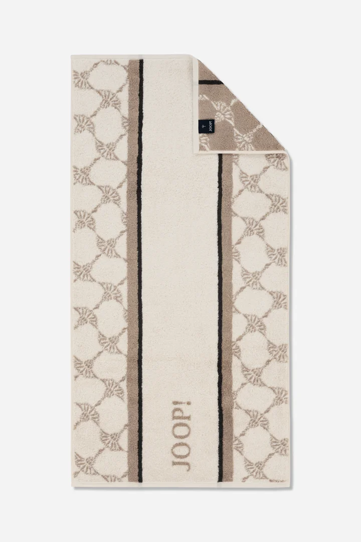 Leads to product detail page "Joop! sauna towel in cream and light brown with a pattern"