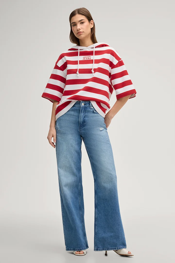 Führt zu Produktdetailseite „Kurzarm-Hoodie Timira in Rot/Weiß gestreift"