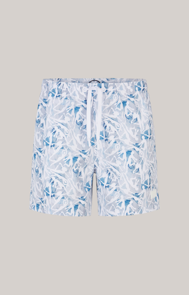 Nissi Beach Swimming Shorts in a White/Blue Pattern