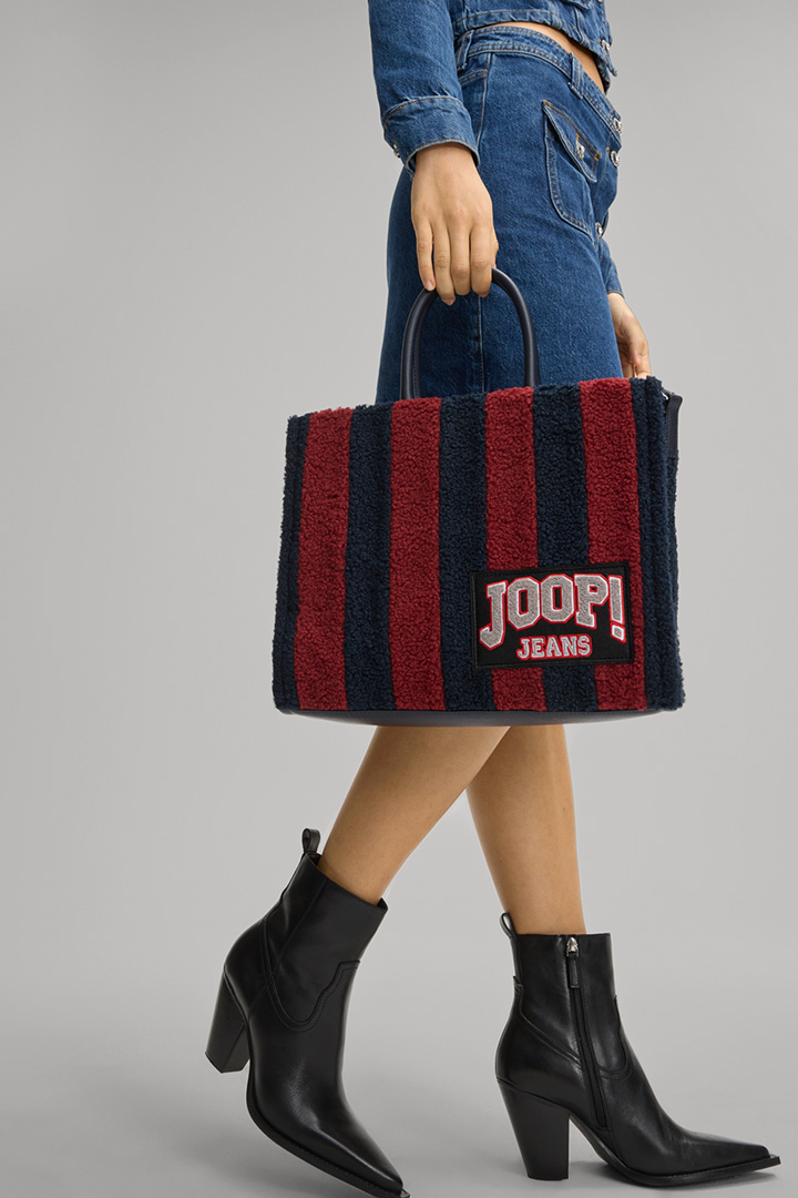Leads to product detail page "Squadra Aurelia Handbag in Navy/Red Stripes"