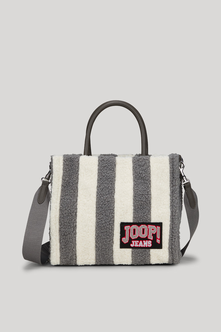 Leads to product detail page "Squadra Aurelia Handbag in Beige/Grey Stripe"