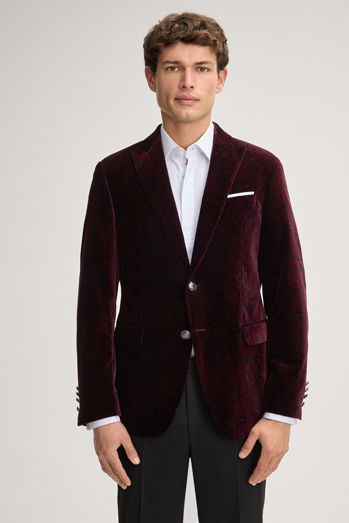 Leads to product detail page "Horace Velvet Jacket in a Bordeaux Red Pattern"
