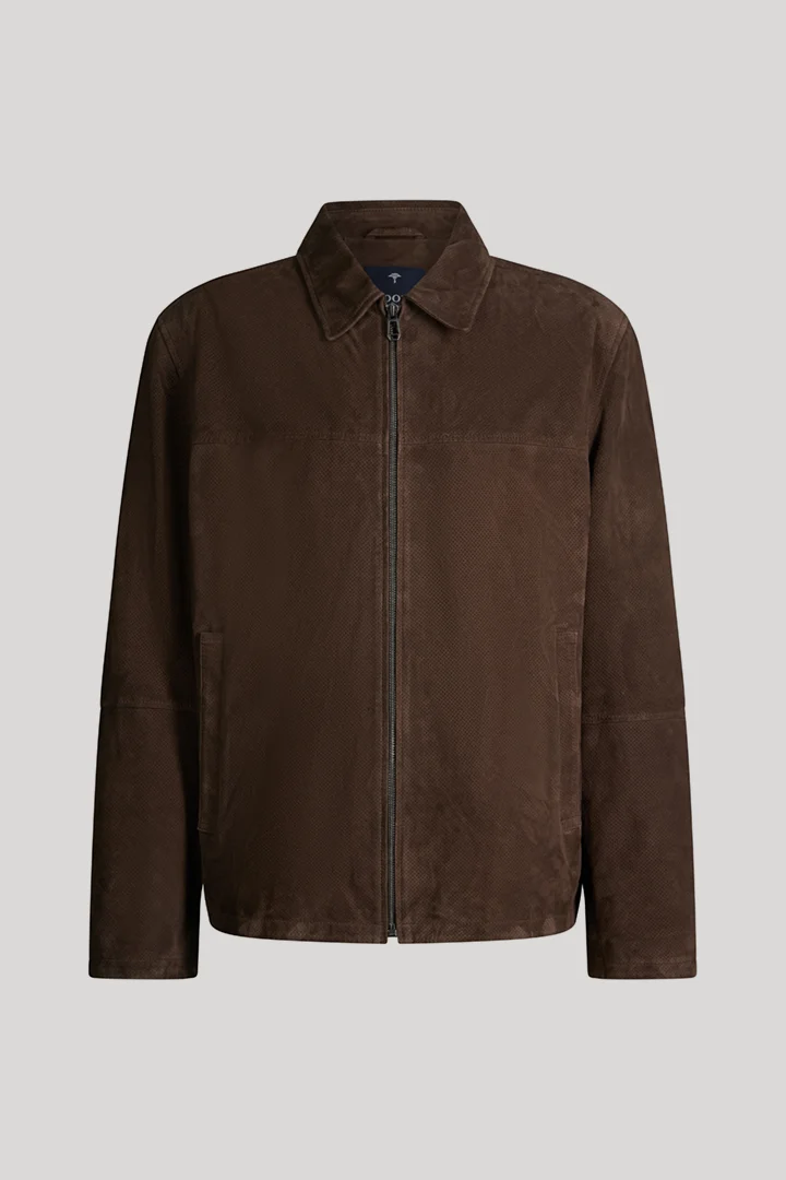 Leads to product detail page "Baks leather jacket in dark brown"