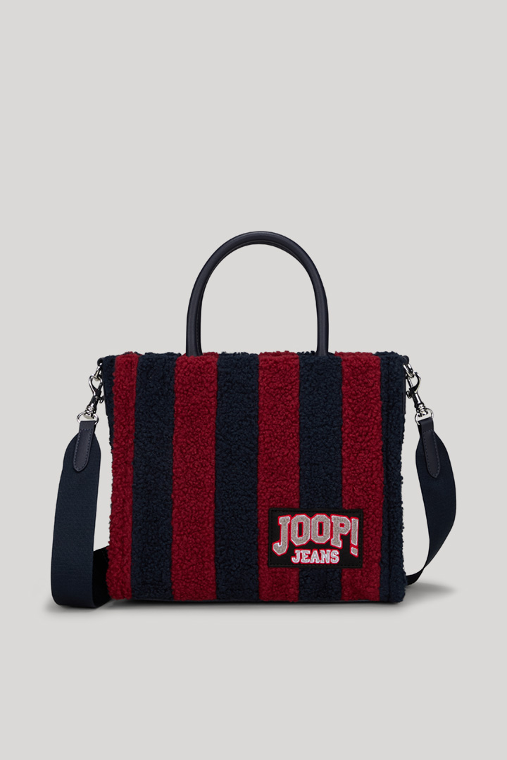 Leads to product detail page "Squadra Aurelia Handbag in Navy/Red Stripes"